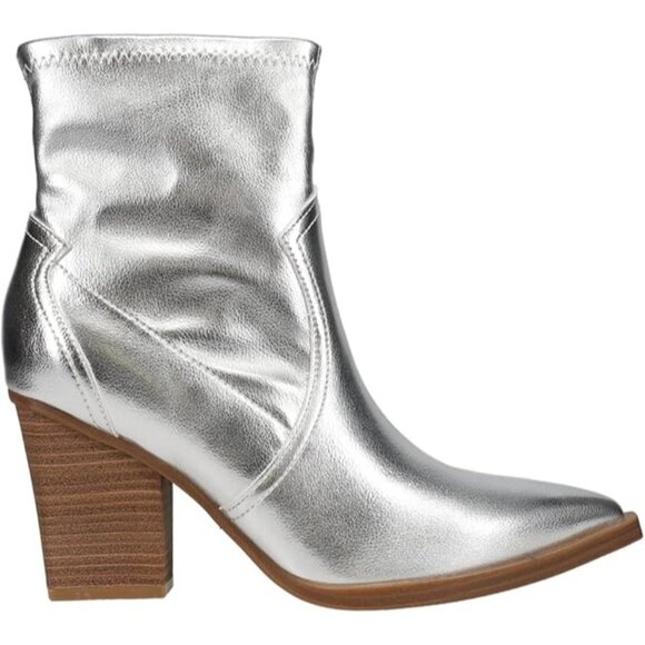 MIA Women's Rachell Western Boot Shiny Silver Ankle Bootie Block Heel Size 9.5 - Picture 1 of 9